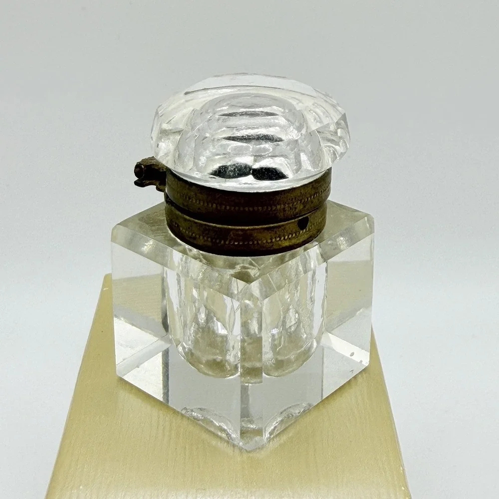 Antique Victorian Crystal Inkwell Cut Faceted Glass Brass Lid Hinge 2